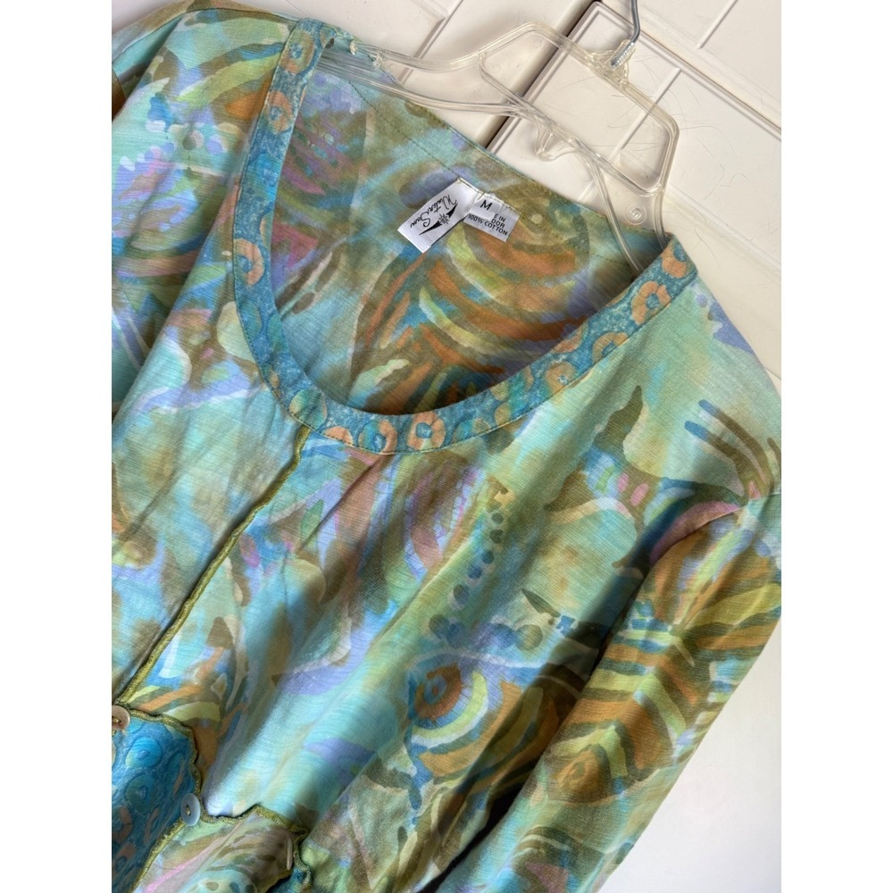 Winter Sun Womens Art to Wear Cotton Top 3/4 Sleeve Abstract Green Blue Medium